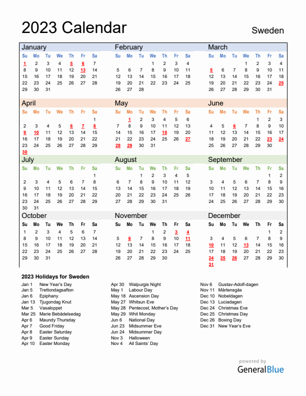 Calendar 2023 with Sweden Holidays
