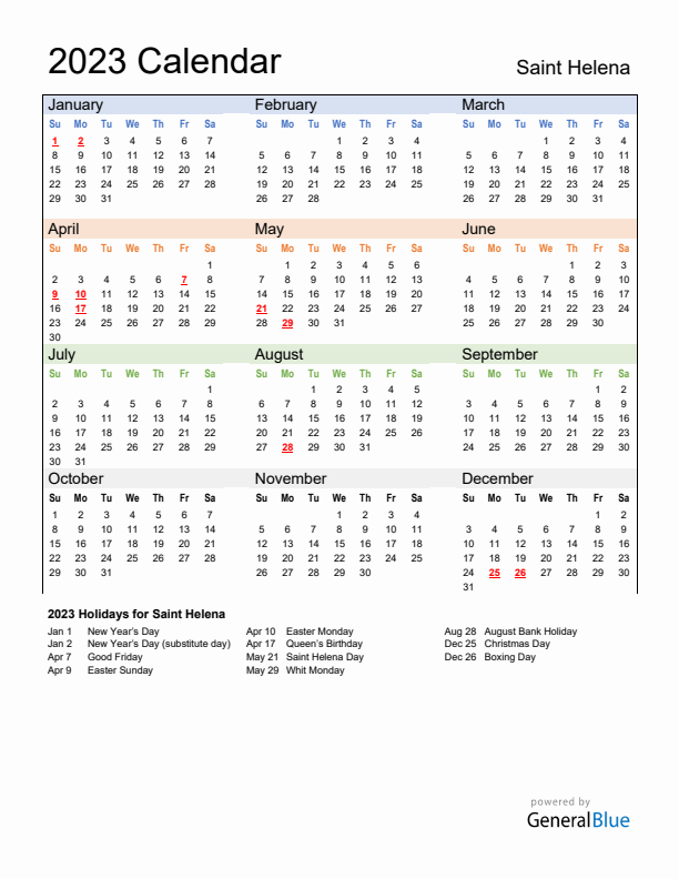 Calendar 2023 with Saint Helena Holidays