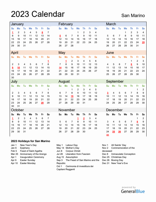Calendar 2023 with San Marino Holidays