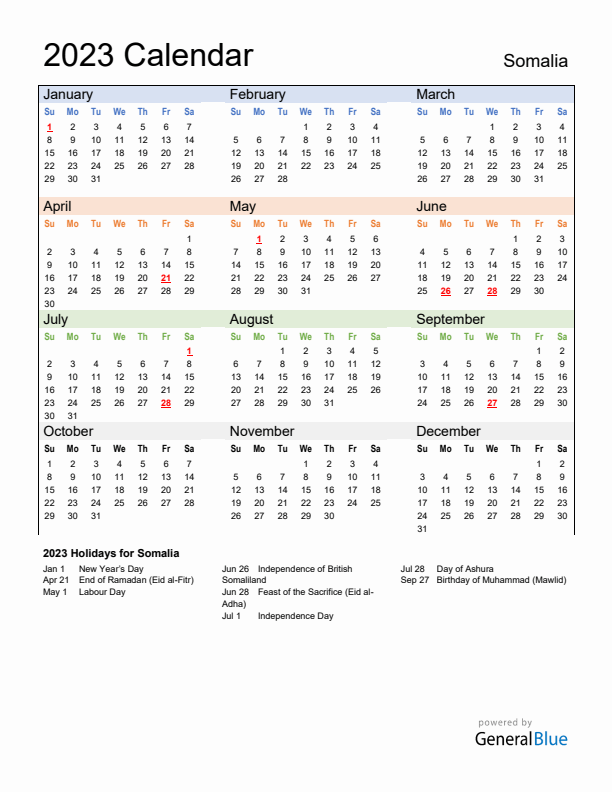 Calendar 2023 with Somalia Holidays