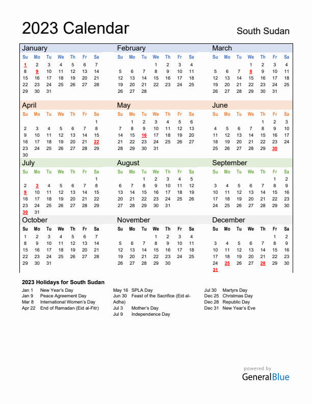 Calendar 2023 with South Sudan Holidays