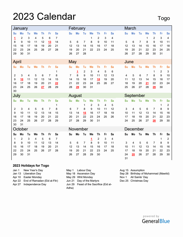 Calendar 2023 with Togo Holidays