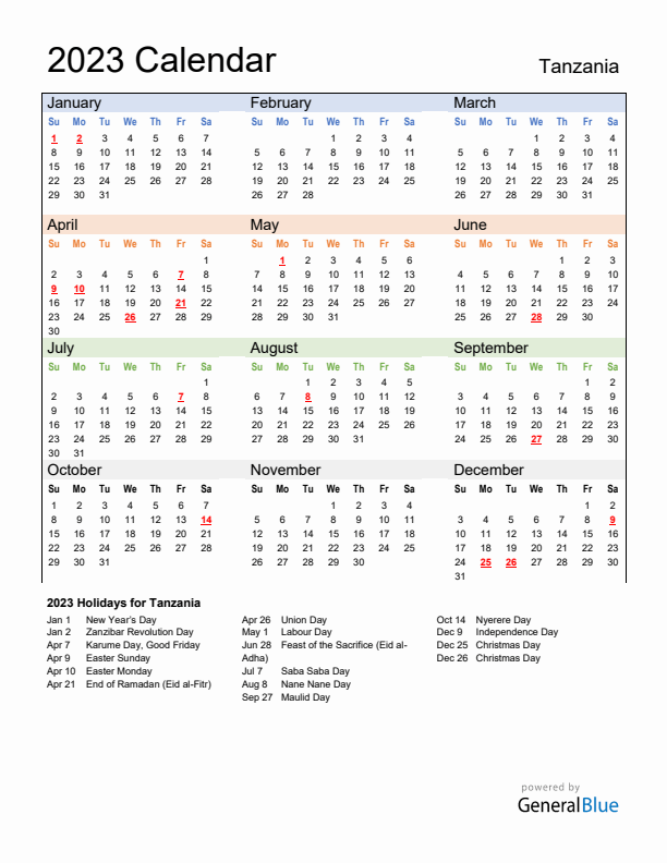 Calendar 2023 with Tanzania Holidays