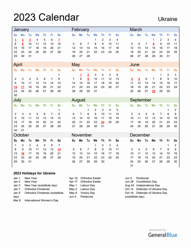 Calendar 2023 with Ukraine Holidays