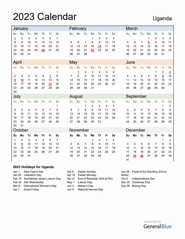 Calendar 2023 with Uganda Holidays