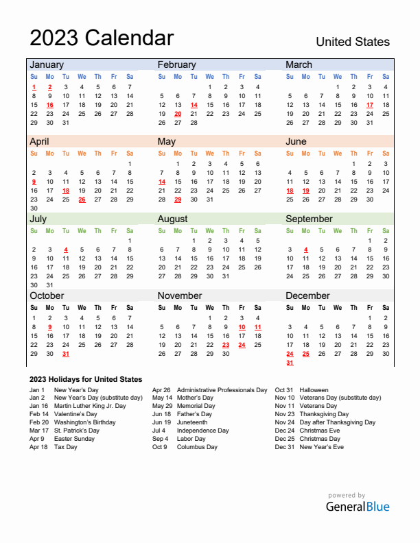 Calendar 2023 with United States Holidays