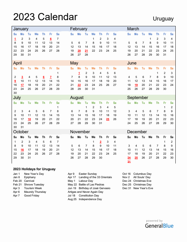 Calendar 2023 with Uruguay Holidays