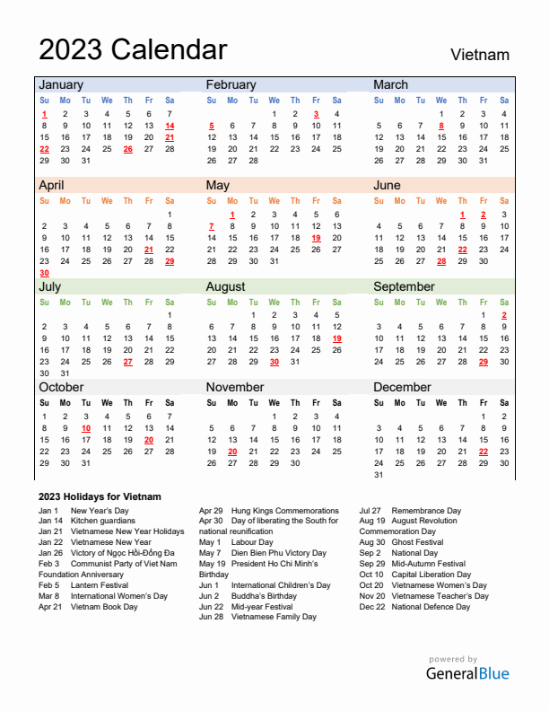 Calendar 2023 with Vietnam Holidays