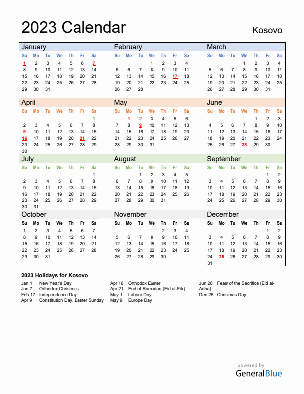 Calendar 2023 with Kosovo Holidays