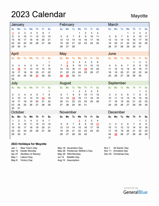 Calendar 2023 with Mayotte Holidays