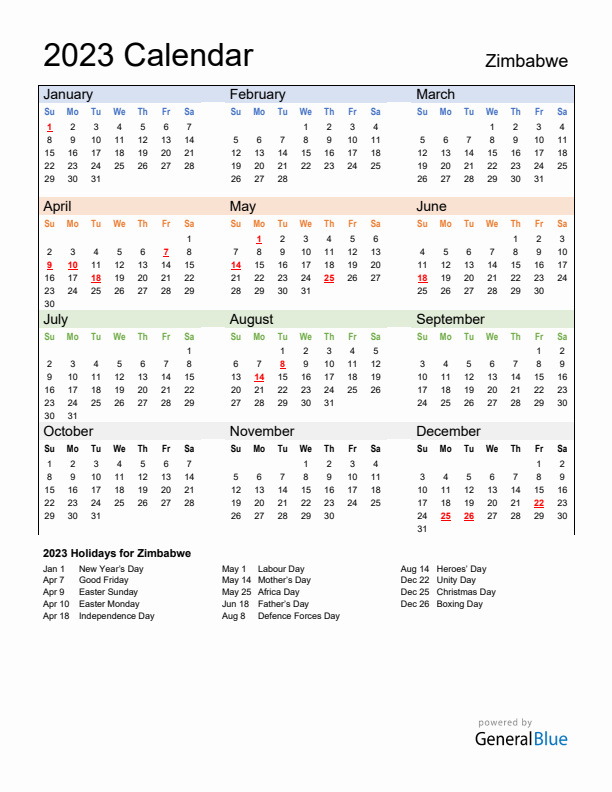 Calendar 2023 with Zimbabwe Holidays