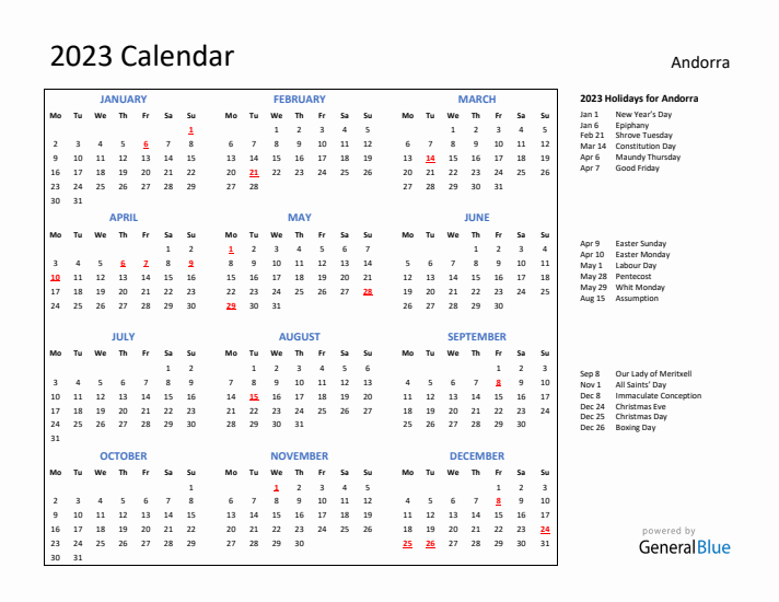 2023 Calendar with Holidays for Andorra