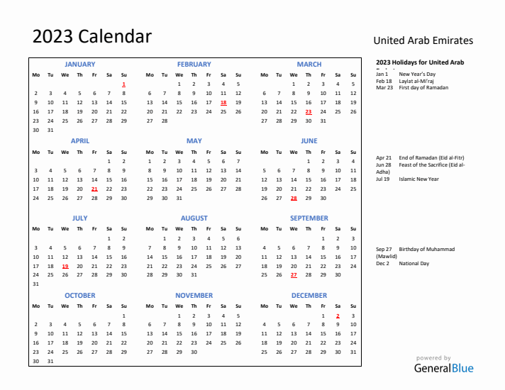 2023 Calendar with Holidays for United Arab Emirates
