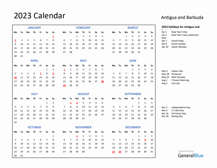 2023 Calendar with Holidays for Antigua and Barbuda