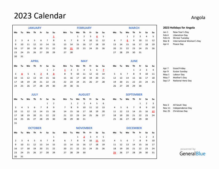 2023 Calendar with Holidays for Angola