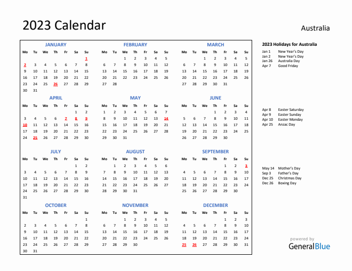 2023 Calendar with Holidays for Australia