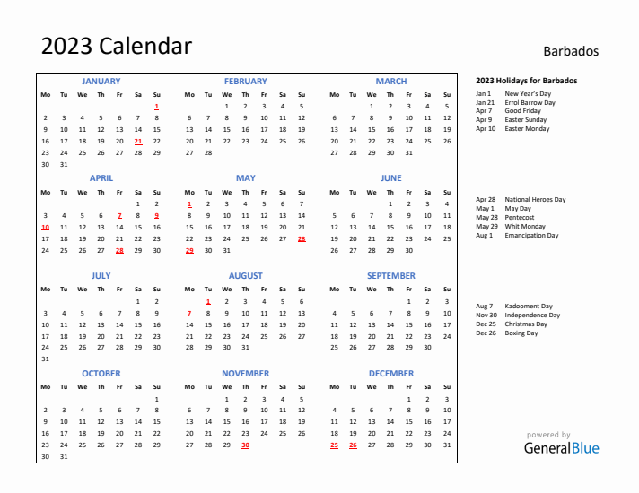 2023 Calendar with Holidays for Barbados