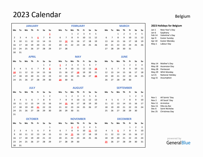 2023 Calendar with Holidays for Belgium