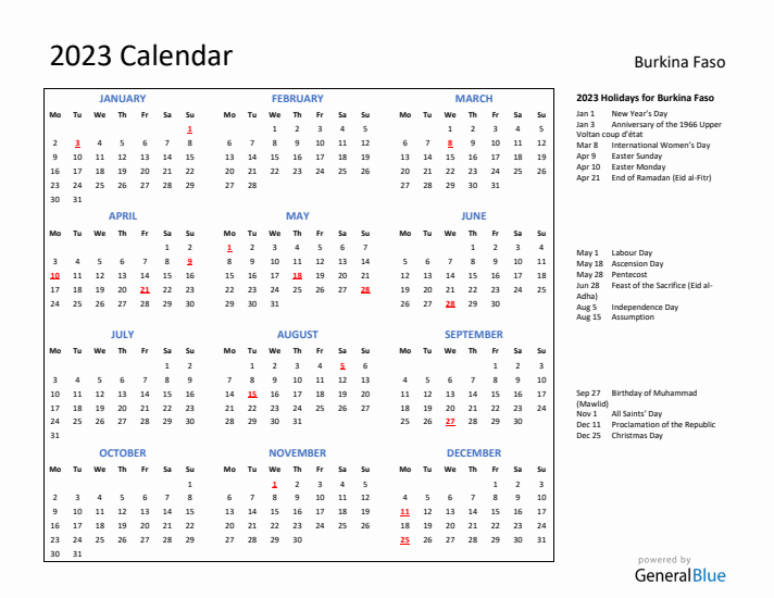 2023 Calendar with Holidays for Burkina Faso