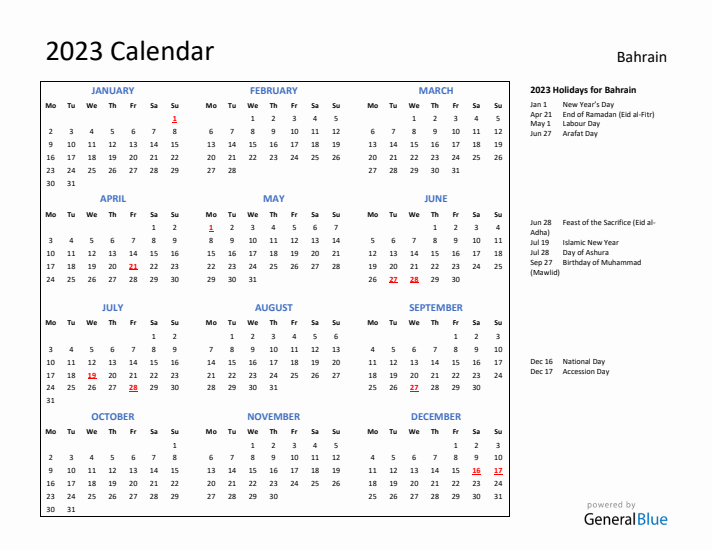 2023 Calendar with Holidays for Bahrain
