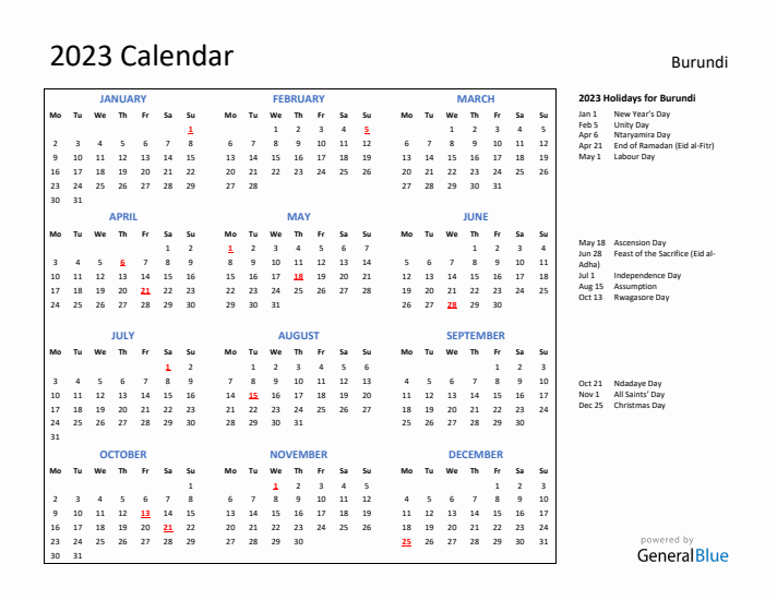 2023 Calendar with Holidays for Burundi