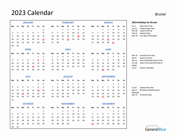 2023 Calendar with Holidays for Brunei