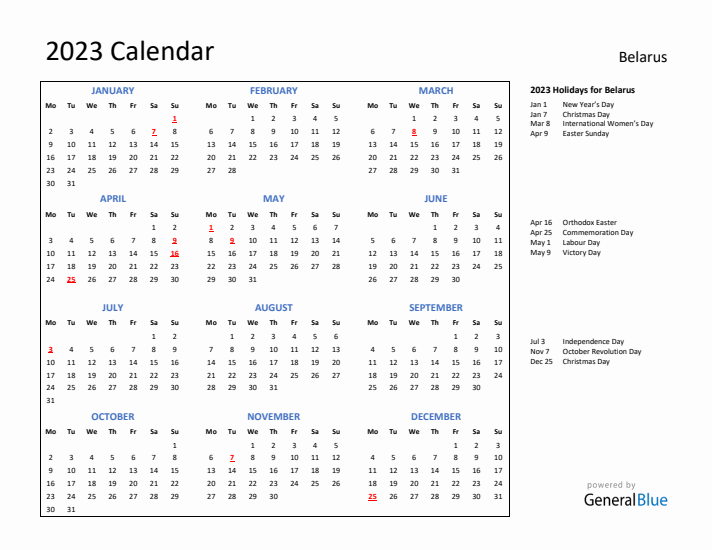 2023 Calendar with Holidays for Belarus