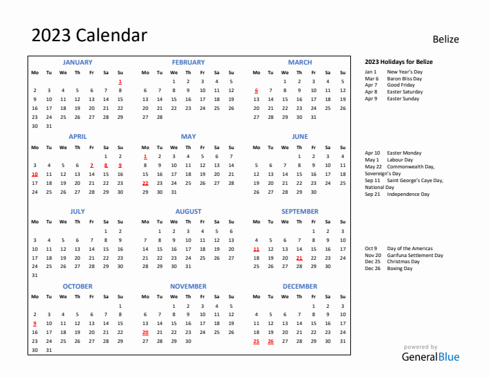 2023 Calendar with Holidays for Belize