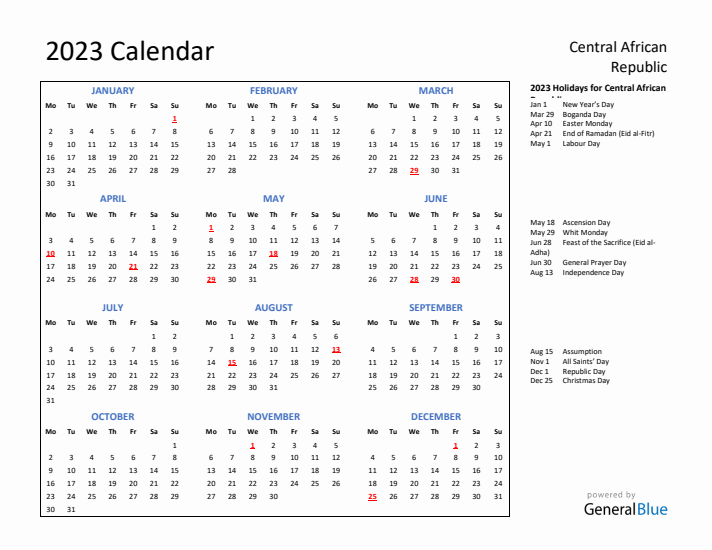 2023 Calendar with Holidays for Central African Republic