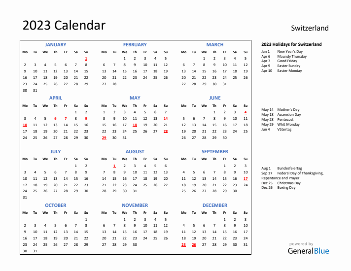 2023 Calendar with Holidays for Switzerland