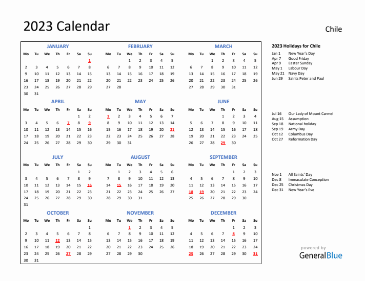2023 Calendar with Holidays for Chile