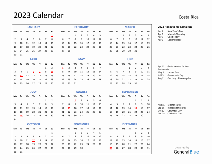2023 Calendar with Holidays for Costa Rica