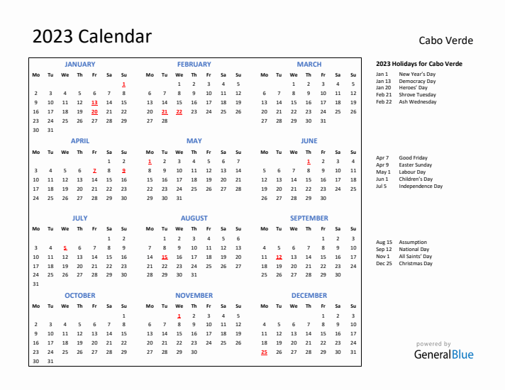 2023 Calendar with Holidays for Cabo Verde