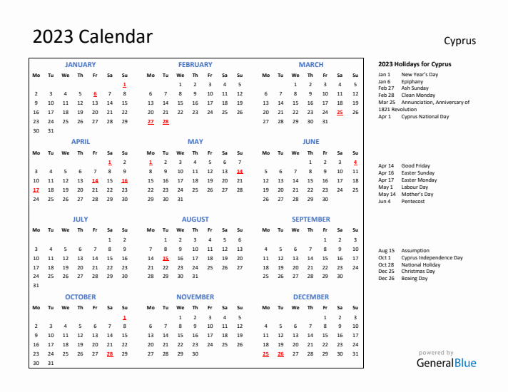 2023 Calendar with Holidays for Cyprus
