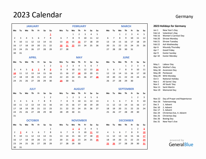 2023 Calendar with Holidays for Germany