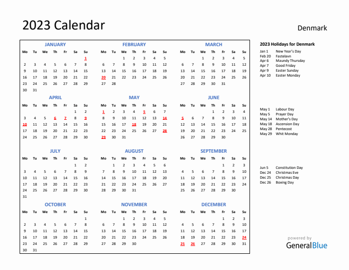 2023 Calendar with Holidays for Denmark