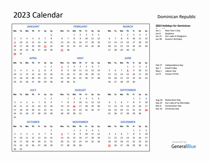 2023 Calendar with Holidays for Dominican Republic