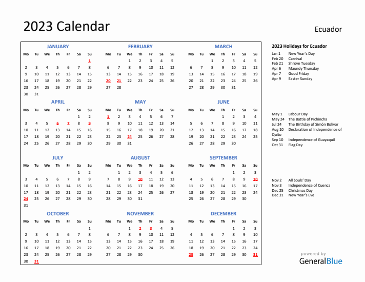 2023 Calendar with Holidays for Ecuador