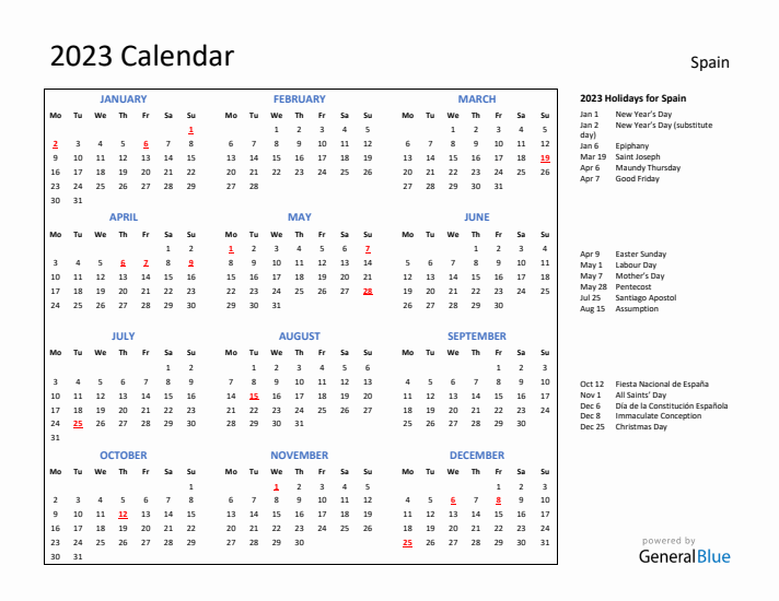 2023 Calendar with Holidays for Spain