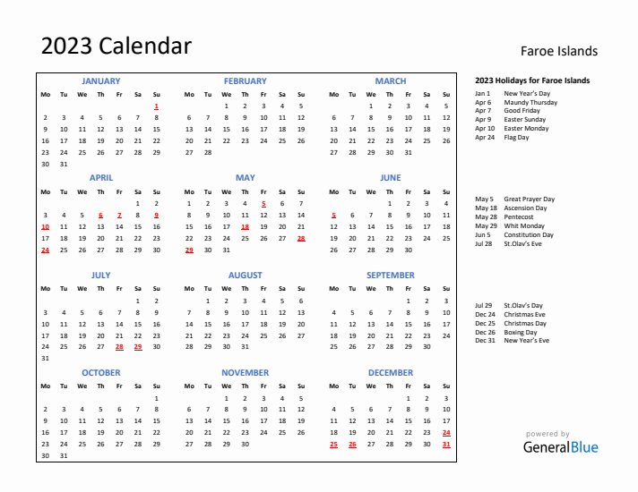 2023 Calendar with Holidays for Faroe Islands