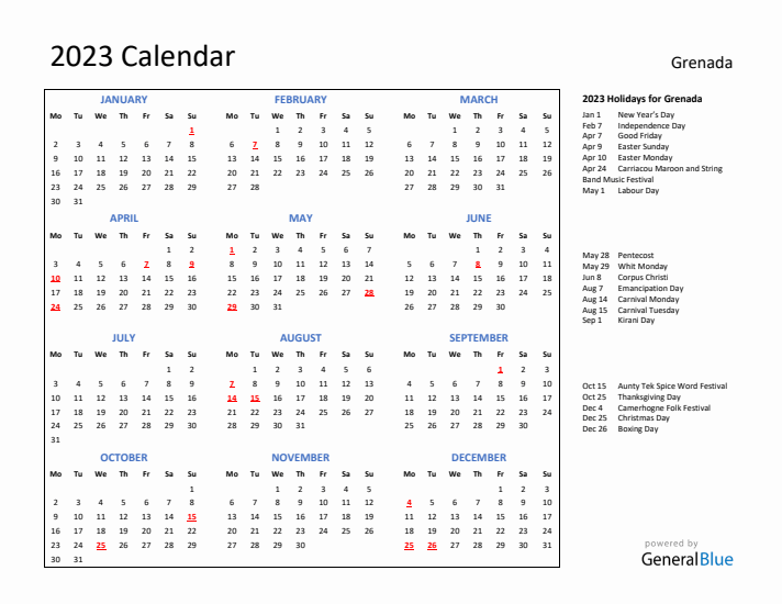 2023 Calendar with Holidays for Grenada