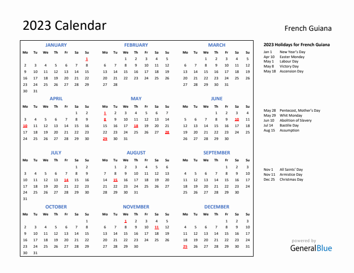 2023 Calendar with Holidays for French Guiana