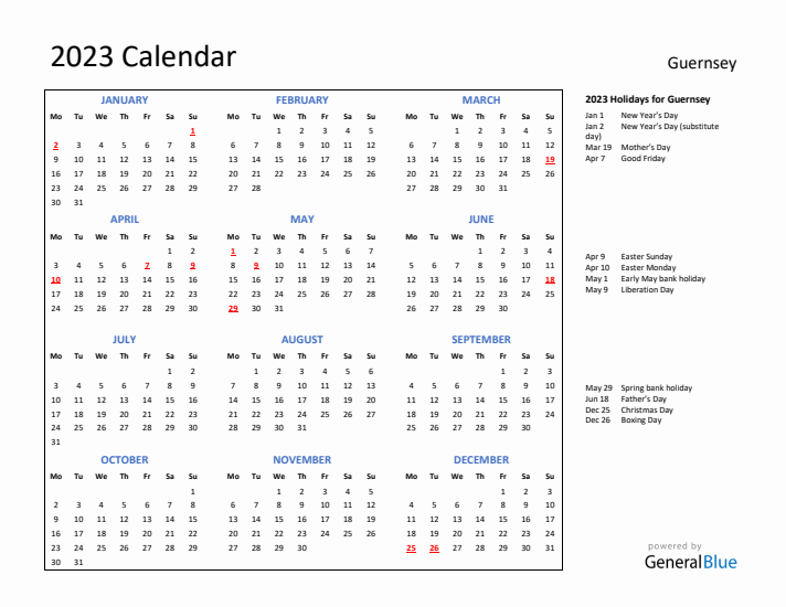 2023 Calendar with Holidays for Guernsey
