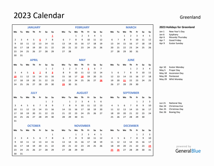 2023 Calendar with Holidays for Greenland