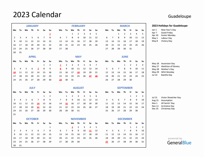 2023 Calendar with Holidays for Guadeloupe