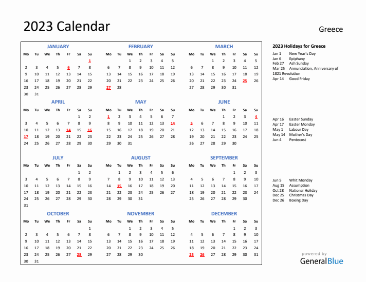 2023 Calendar with Holidays for Greece