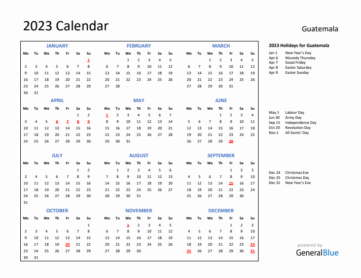 2023 Calendar with Holidays for Guatemala