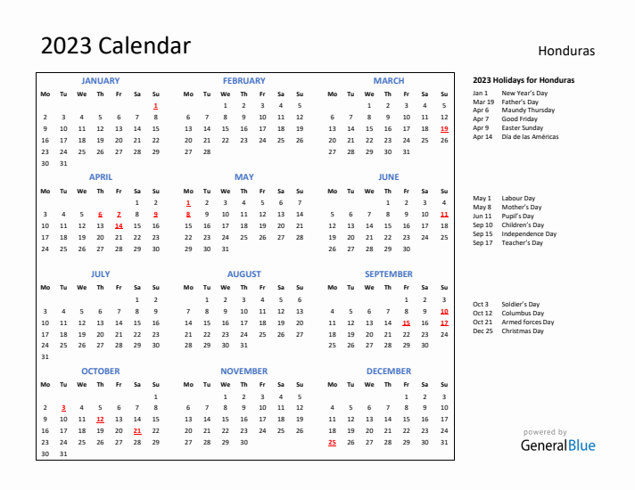 2023 Calendar with Holidays for Honduras