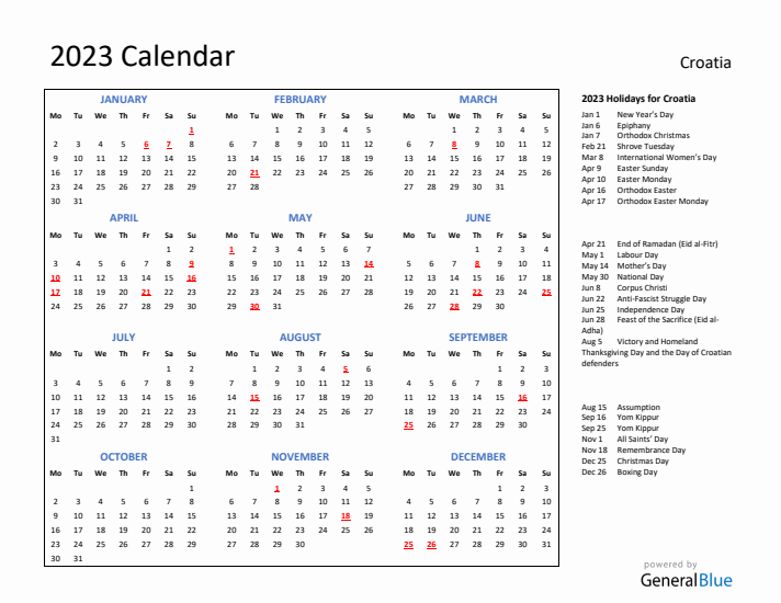 2023 Calendar with Holidays for Croatia