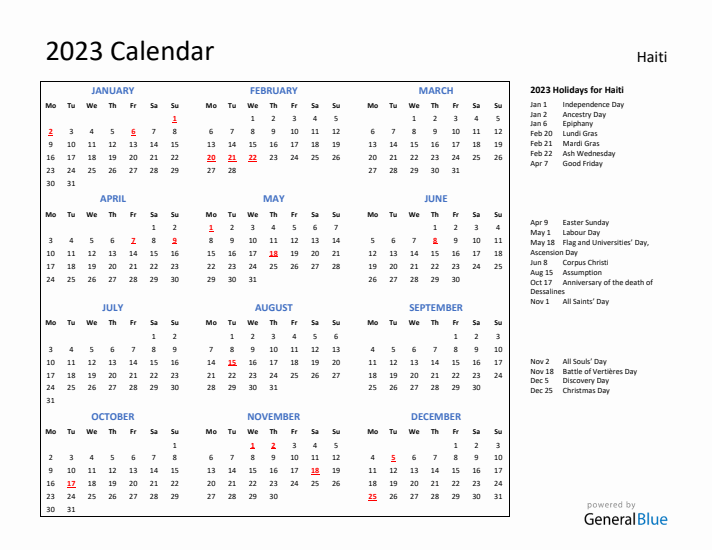 2023 Calendar with Holidays for Haiti